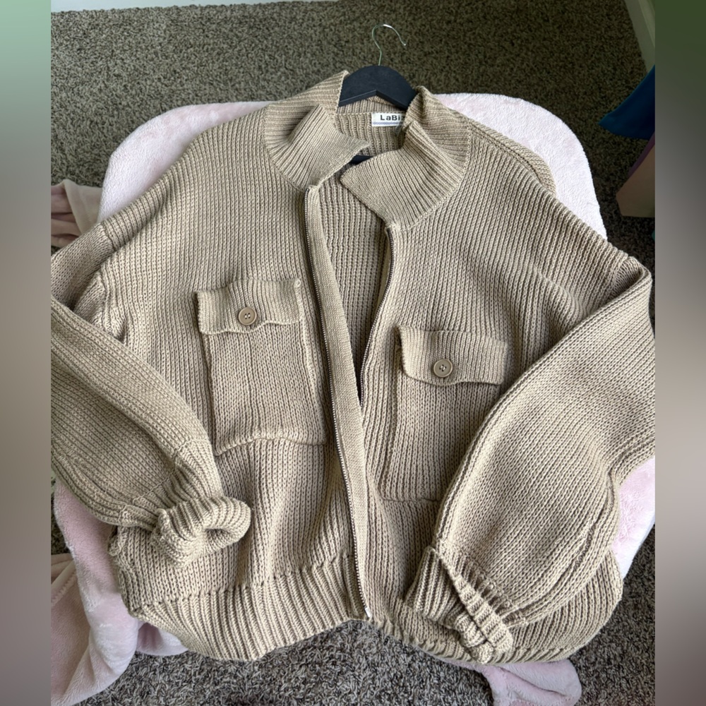 Tan Knit Cardigan Sweater